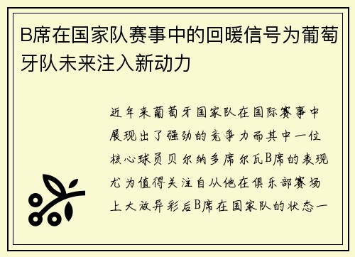 B席在国家队赛事中的回暖信号为葡萄牙队未来注入新动力